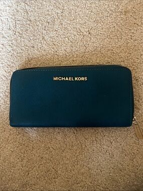 Michael Kors Teal Zip Wallet with Gold Hardware